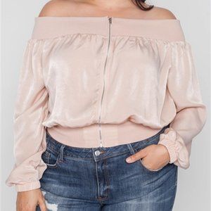 PLUS SIZE OFF-THE-SHOULDER LIGHT BOMBER JACKET